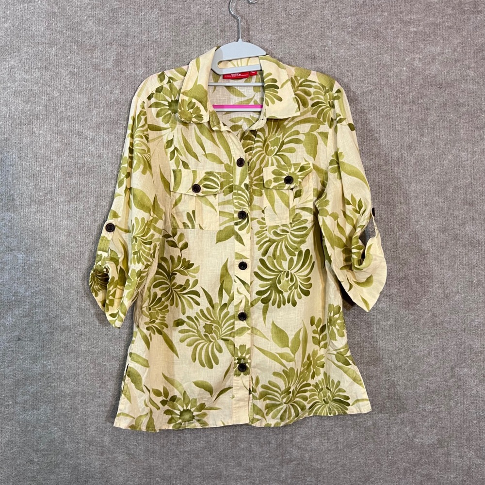 Oscar de la Renta Button Up Shirt Womens Medium Floral Linen Green Coastal Boho